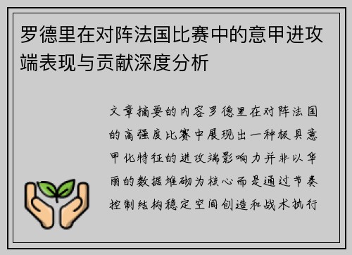 罗德里在对阵法国比赛中的意甲进攻端表现与贡献深度分析